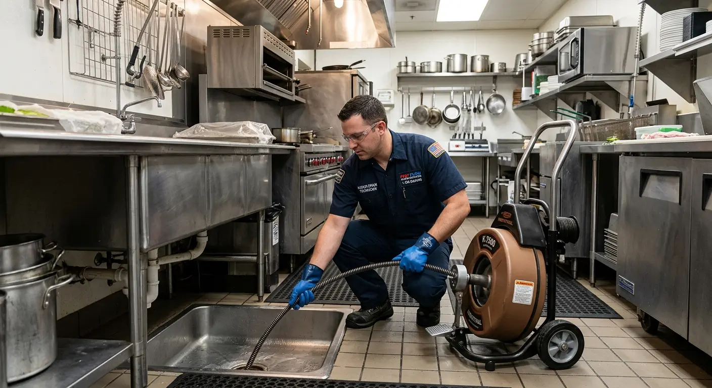 Commercial drain cleaning service in a restaurant kitchen in Indianapolis