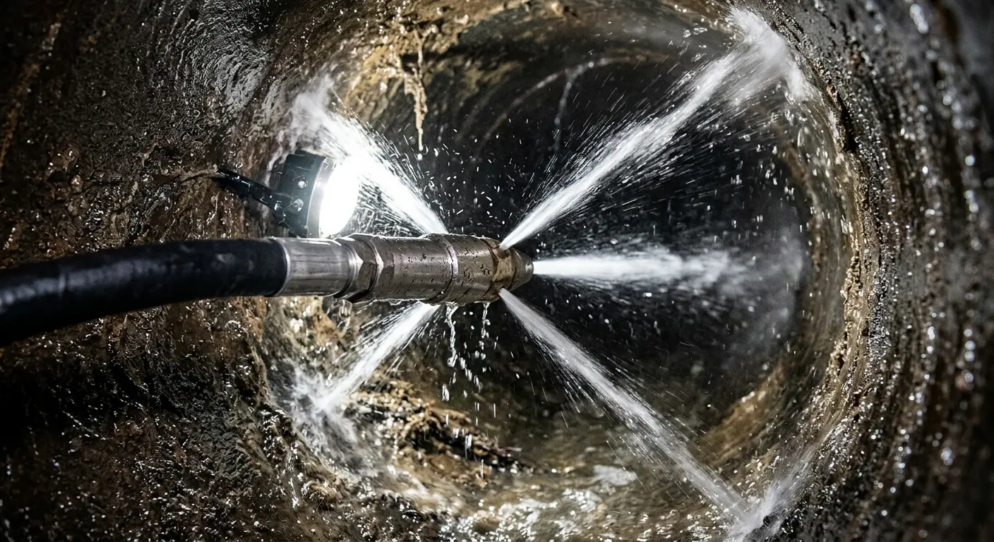 High-pressure hydro jetting nozzle cleaning sewer pipe for Sewer Cleanout in Indianapolis