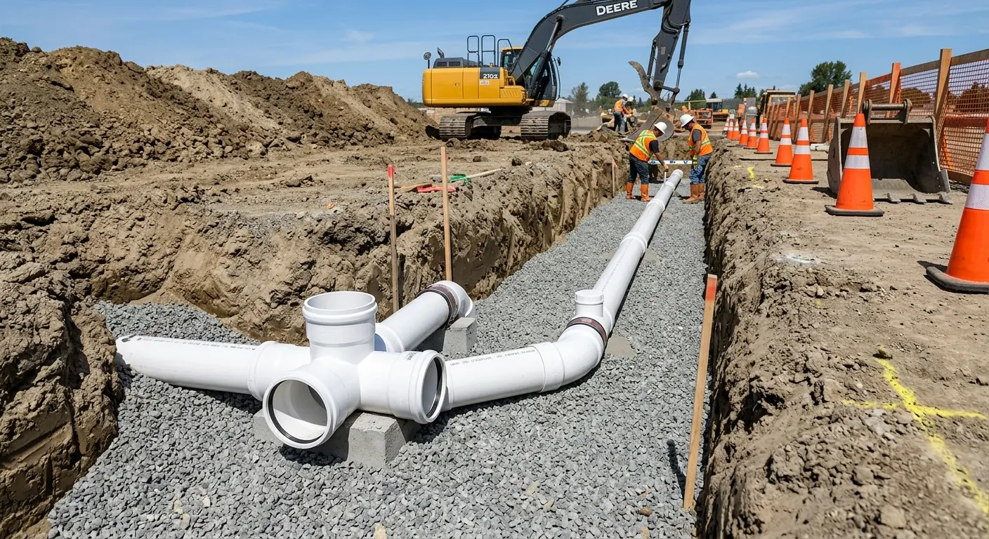 New PVC sewer pipe installation in open trench for Commercial Drain Cleaning in Indianapolis